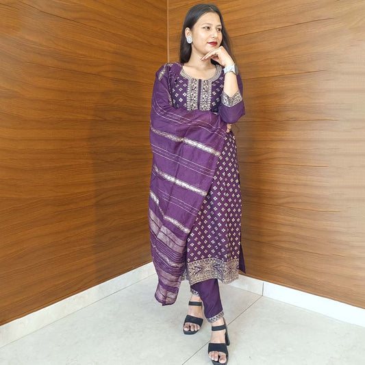 Dark Purple Silk Suit with Designer Neck Detailing & Dupatta Set