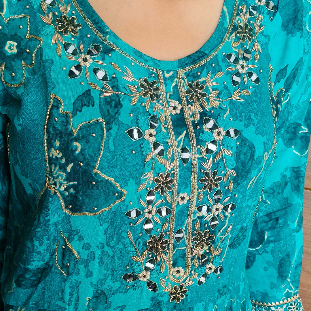 Pahnawaa Graceful Green Anarkali Suit with Neck Design