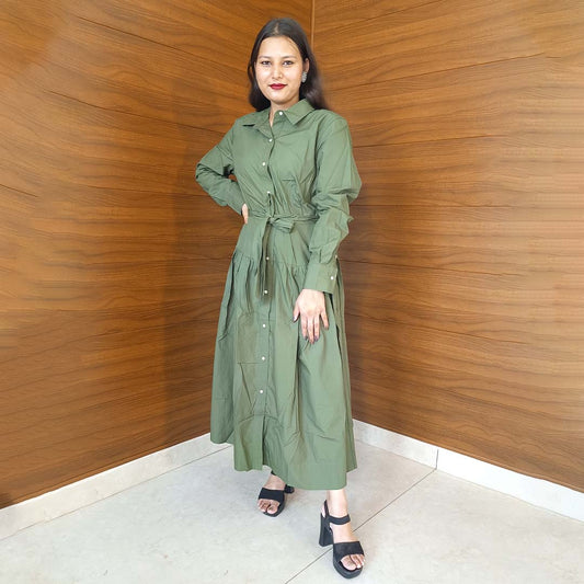 Peacock Green Pure Cotton A-Line Midi Dress with Collar