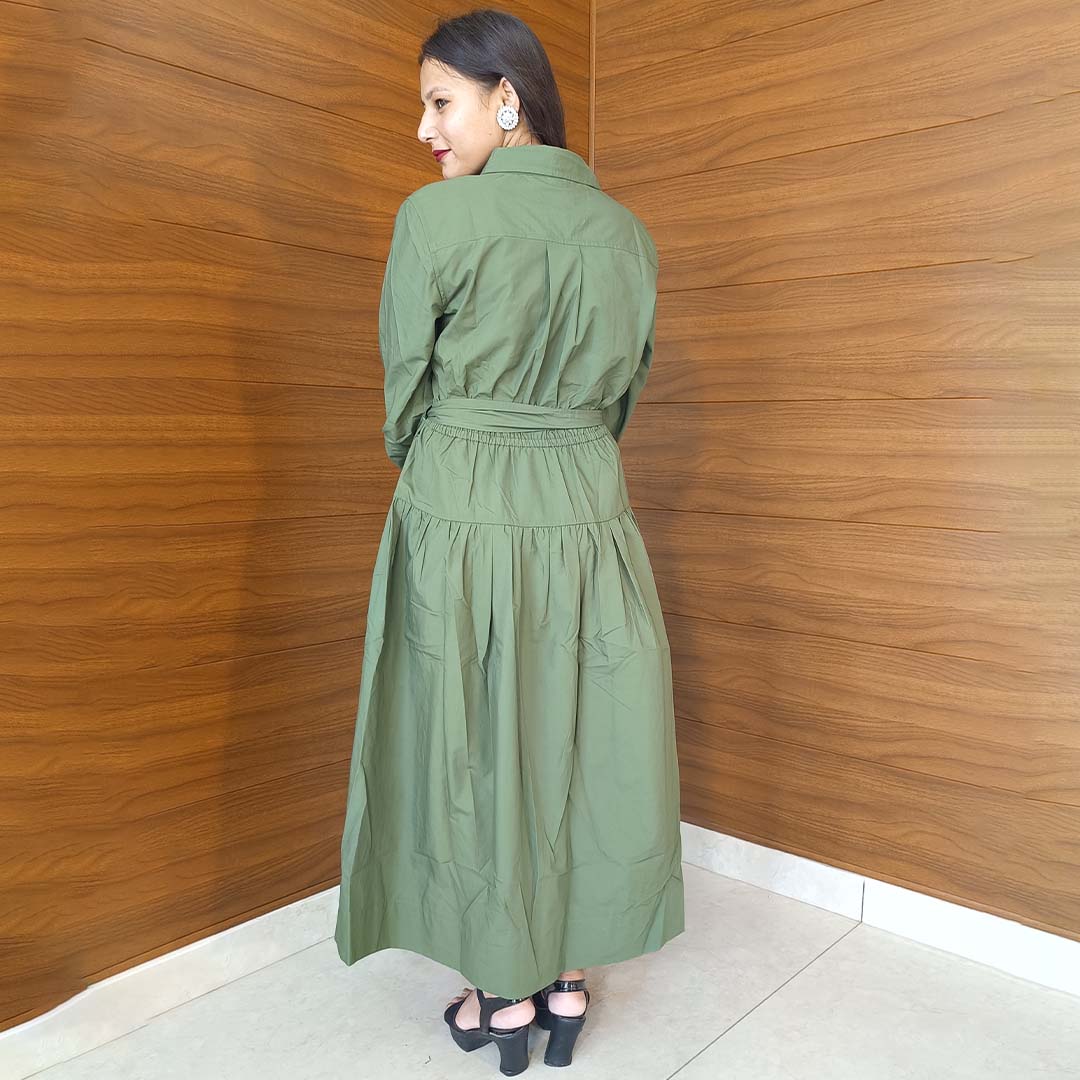 Pahnawaa Classic Green A-Line Midi Dress