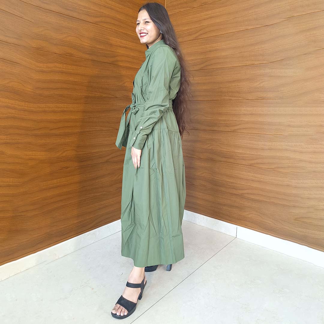 Pahnawaa Classic Green A-Line Midi Dress