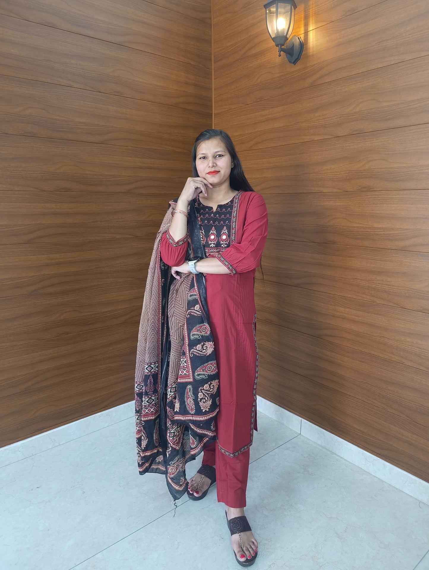 Pahnawaa Mahroon Straight Suit with Multi Dupatta