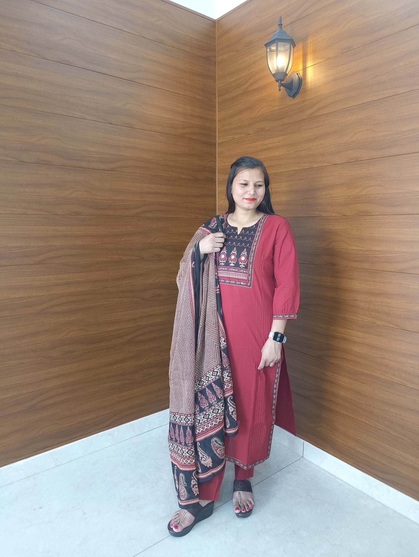 Pahnawaa Mahroon Straight Suit with Multi Dupatta