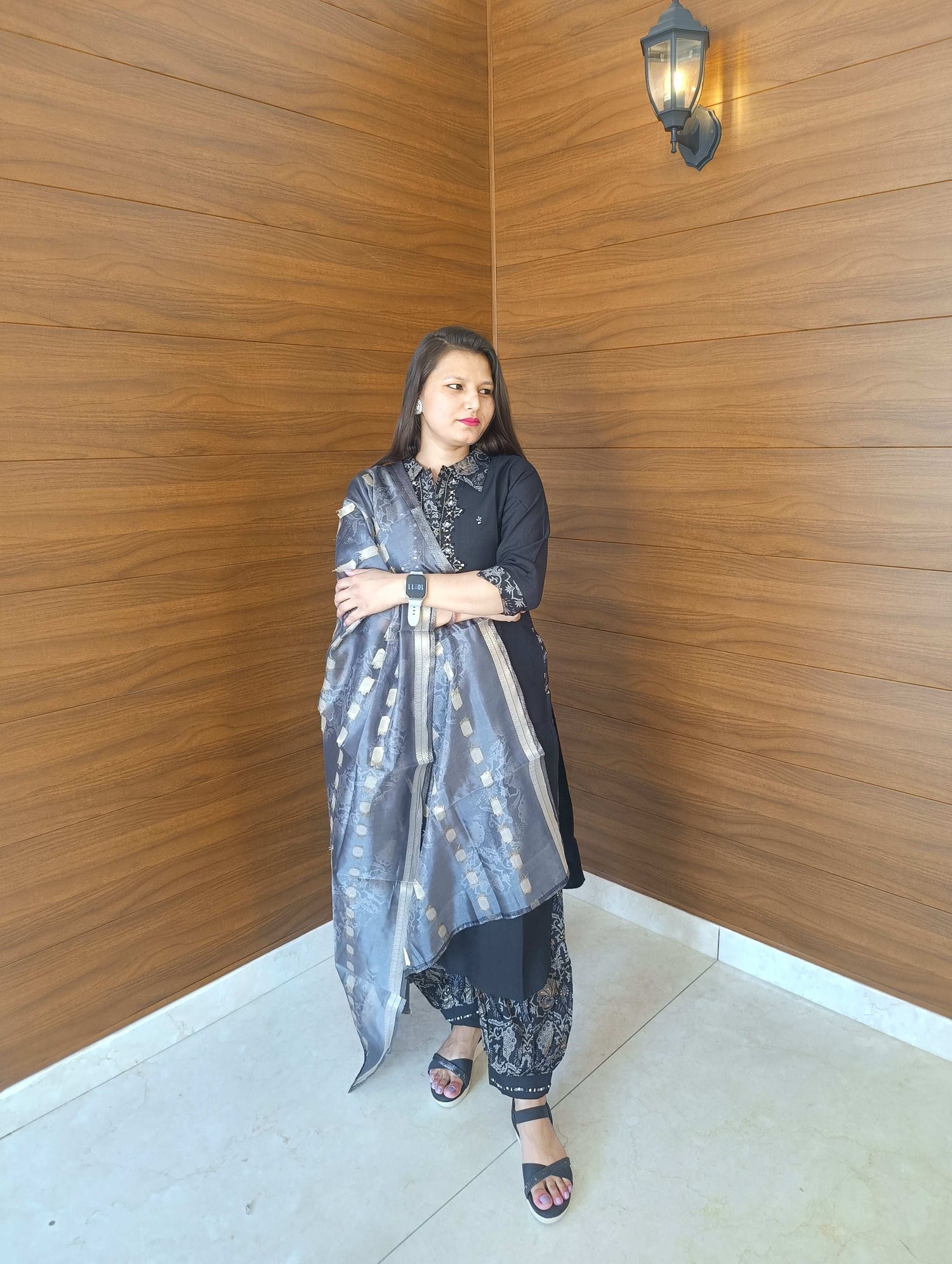 Pahnawaa Black Collared Suit with Designer Pant & Organza Dupatta