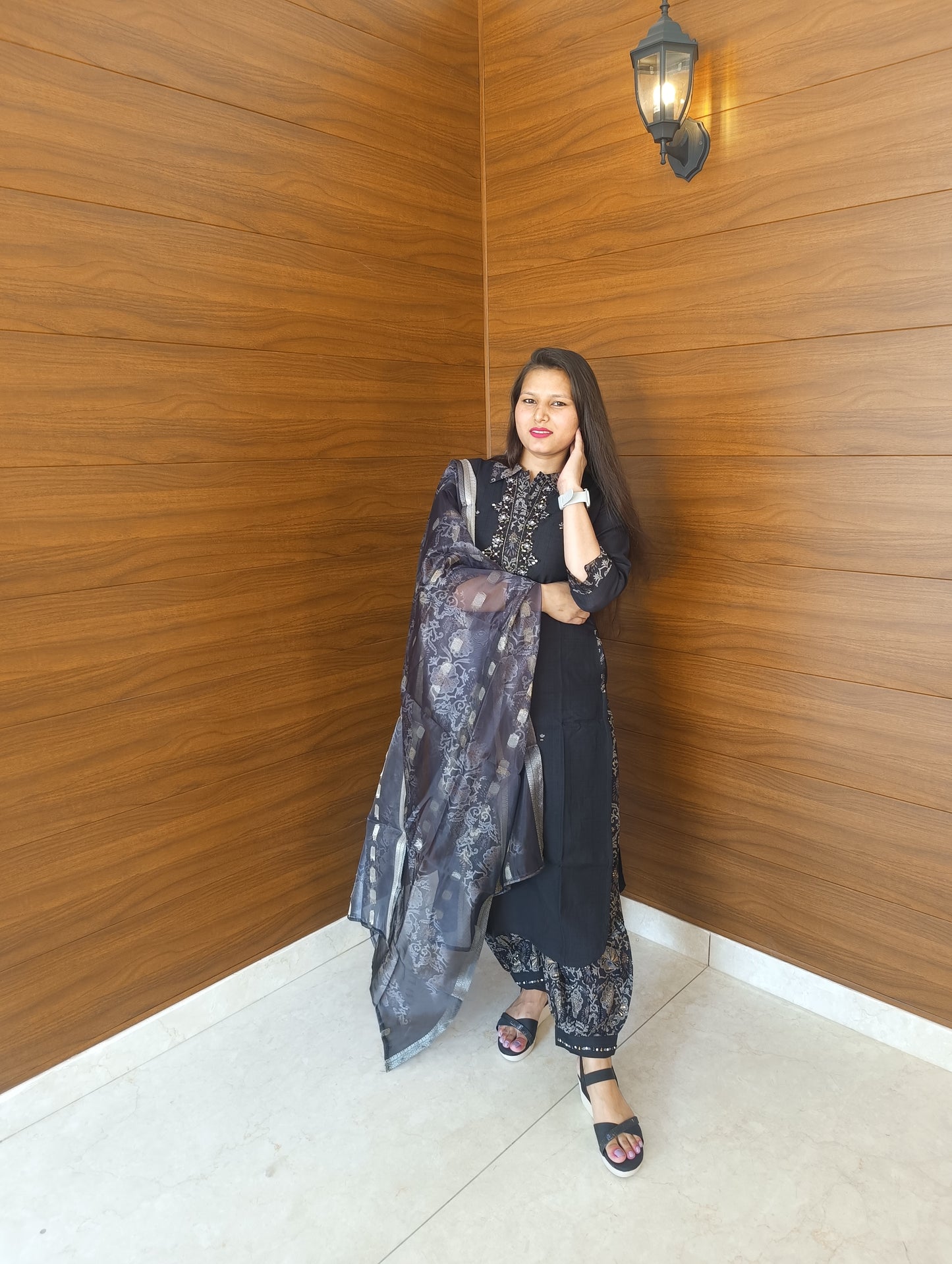 Pahnawaa Black Collared Suit with Designer Pant & Organza Dupatta