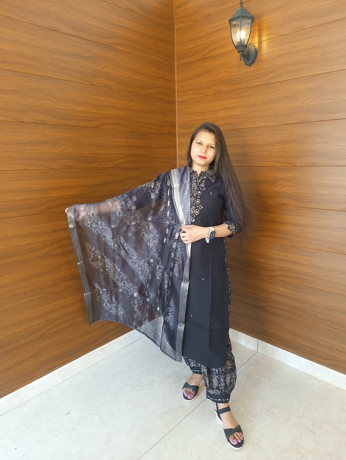 Pahnawaa Black Collared Suit with Designer Pant & Organza Dupatta