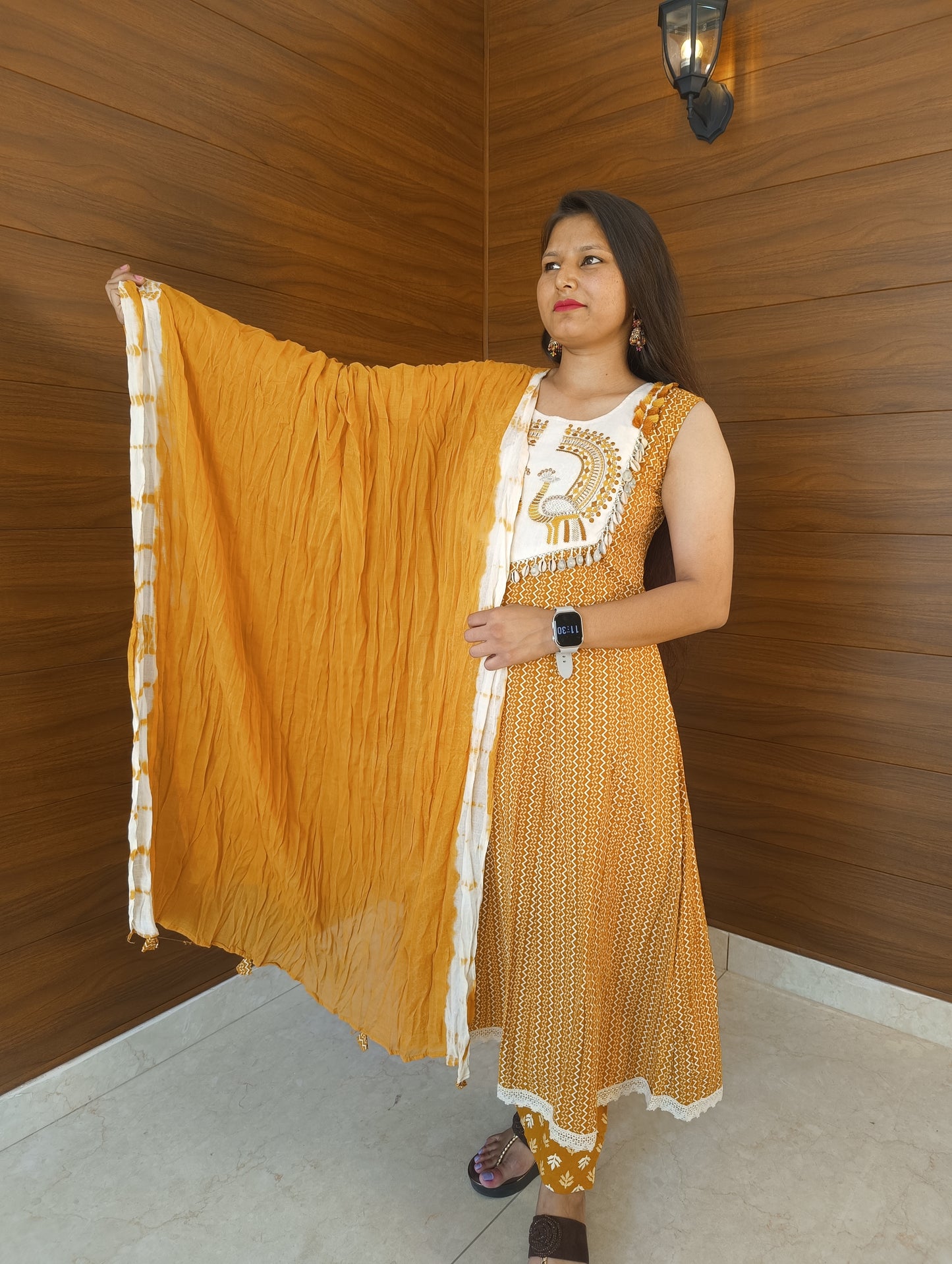 Pahnawaa Mustard Handwork Kurti Set with Shankh Design