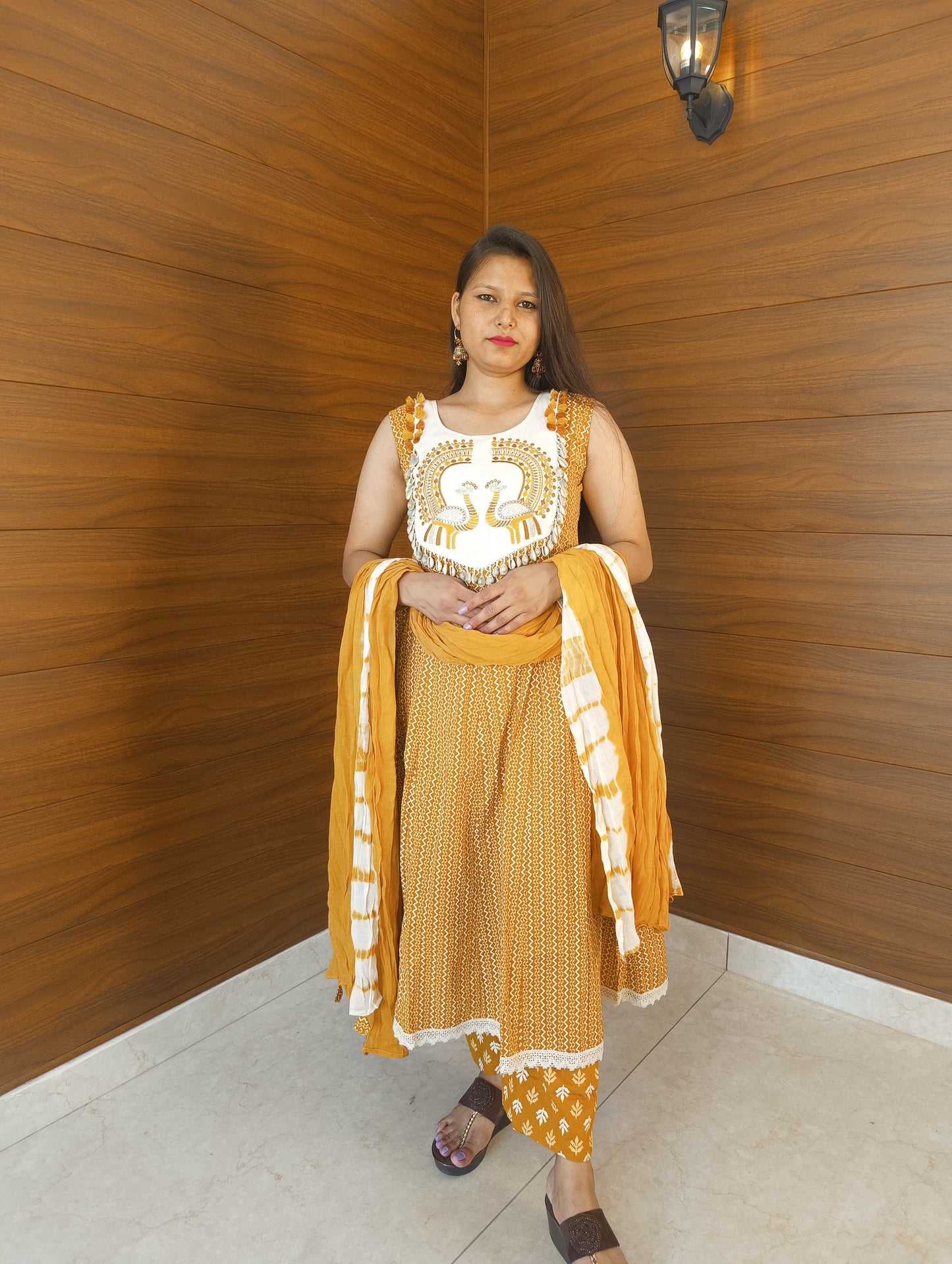 Pahnawaa Mustard Handwork Kurti Set with Shankh Design