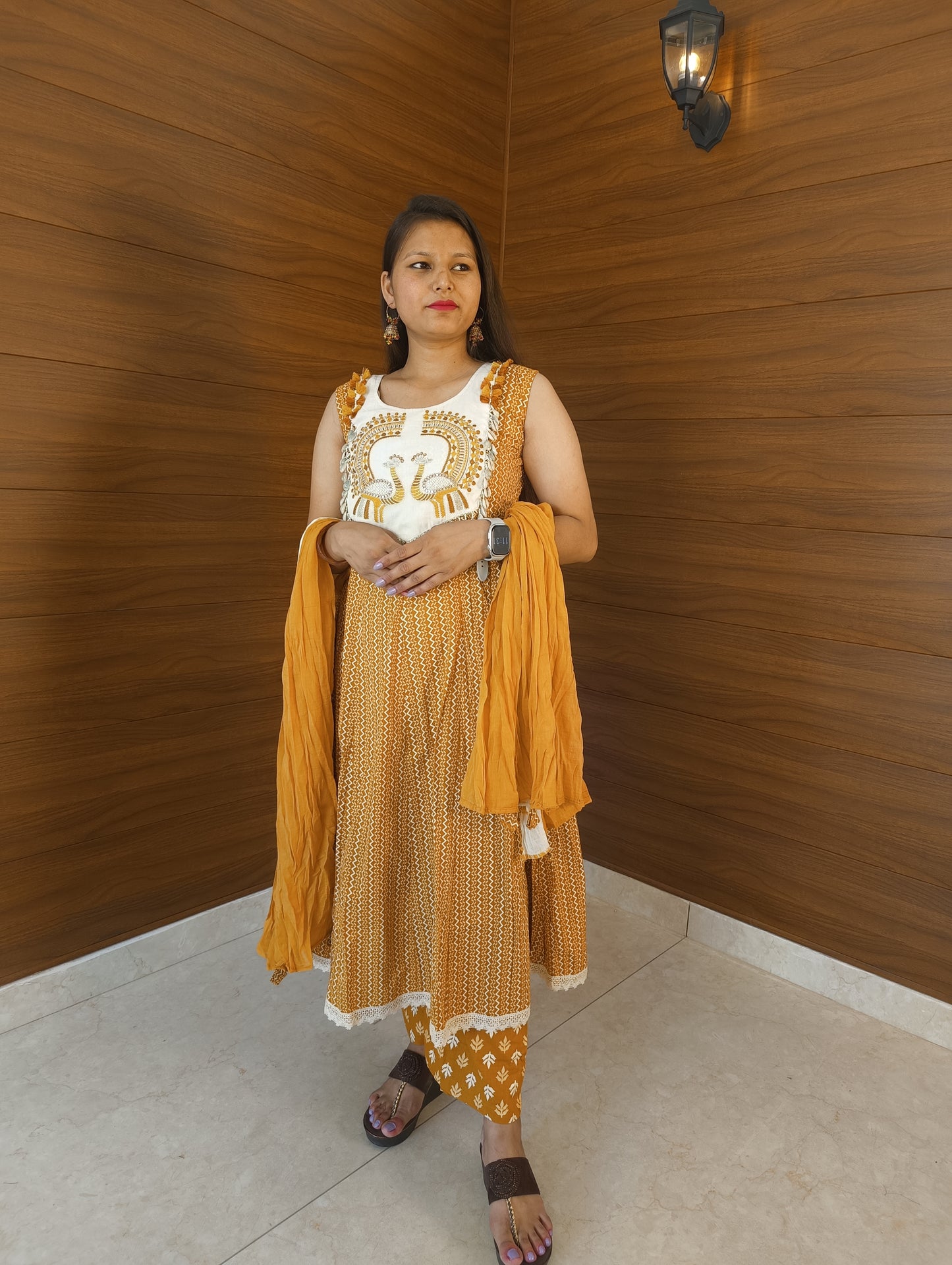 Pahnawaa Mustard Handwork Kurti Set with Shankh Design