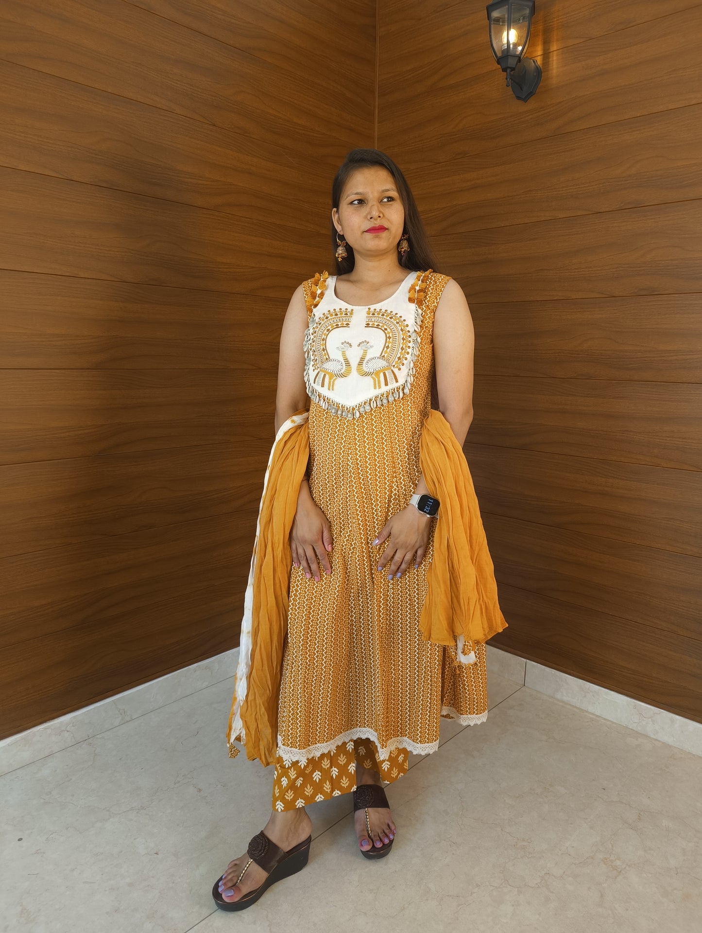 Pahnawaa Mustard Handwork Kurti Set with Shankh Design