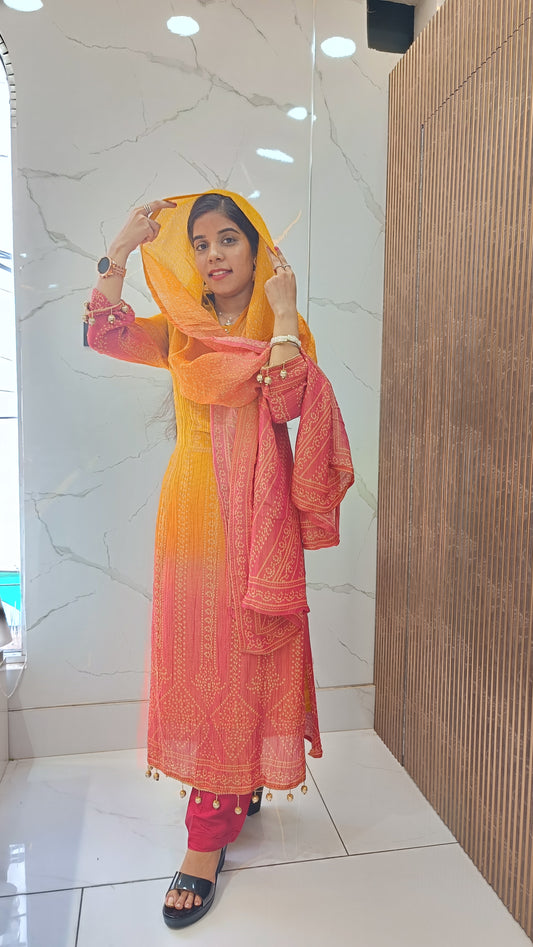 Women’s Yellow Red Chinnon Kurta Set with Dupatta