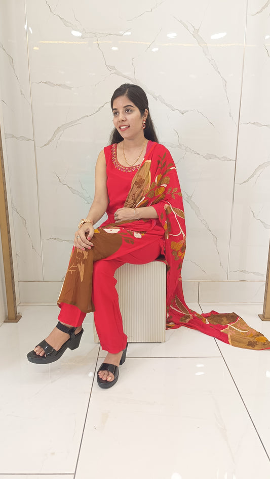Women’s Red Chinnon Kurta Set with Dupatta