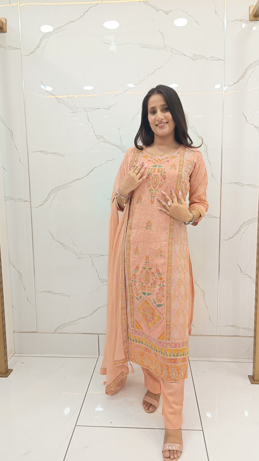 Women’s Peach Natural Crepe Suit Set with Embroidery & Dupatta