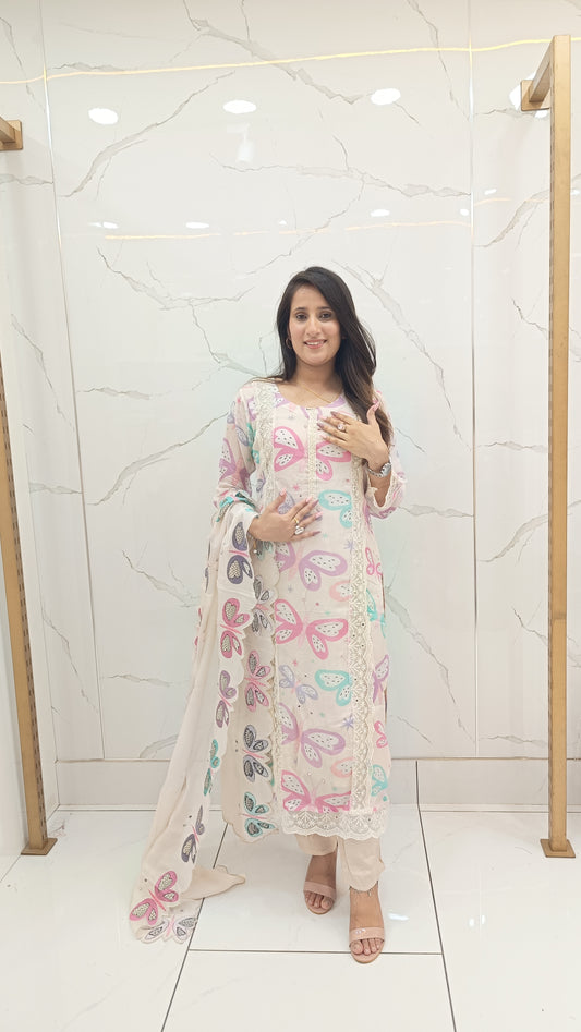 Women’s Cream Cotton Suit Set with Colorful Butterfly Print