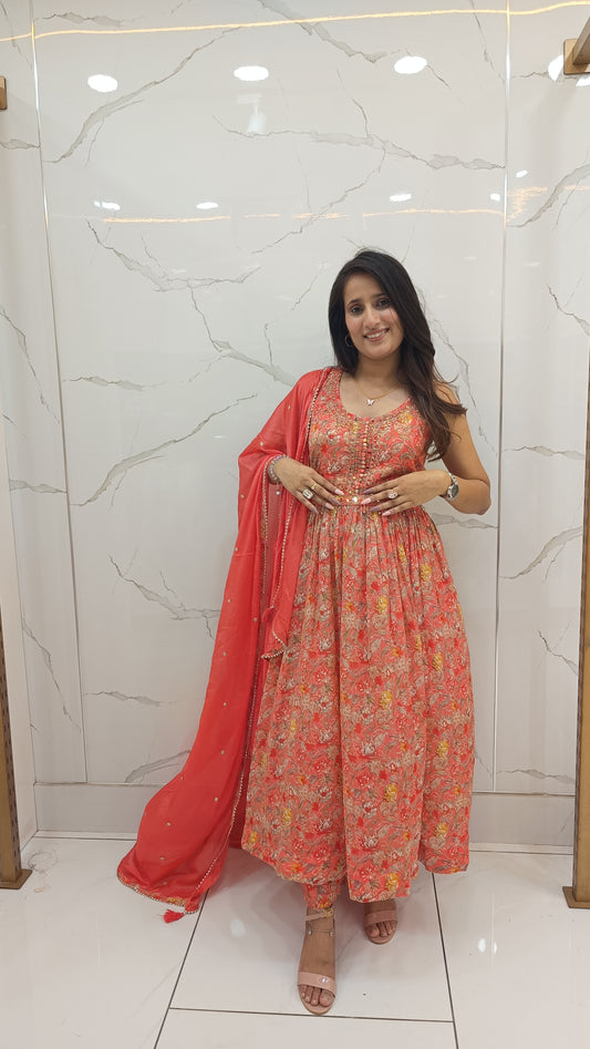 Women’s Red Chinnon Printed Anarkali Kurta Set with Dupatta