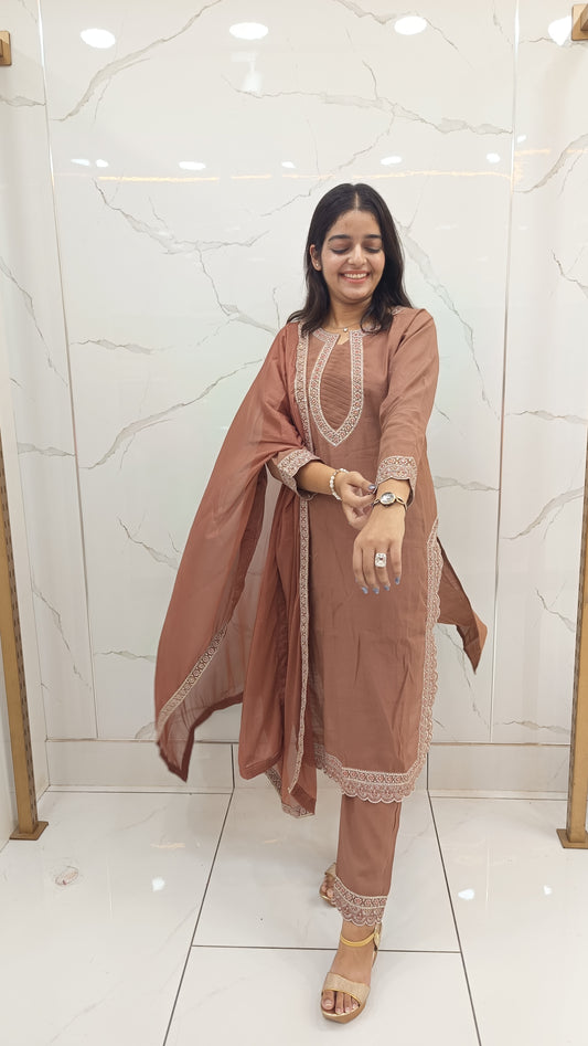 Women’s Brown Muslin Printed Anarkali Kurta Set with Dupatta