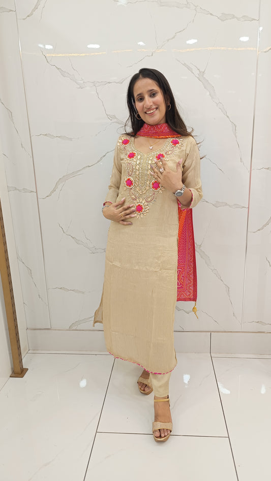 Beige Embroidered Kurta Set with Bandhani Dupatta