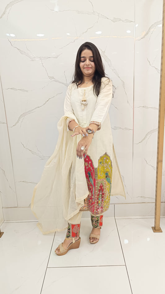 Off-White Dola Silk Kurta Set with Multicolor Embroidered Panels | Women’s Ethnic Wear