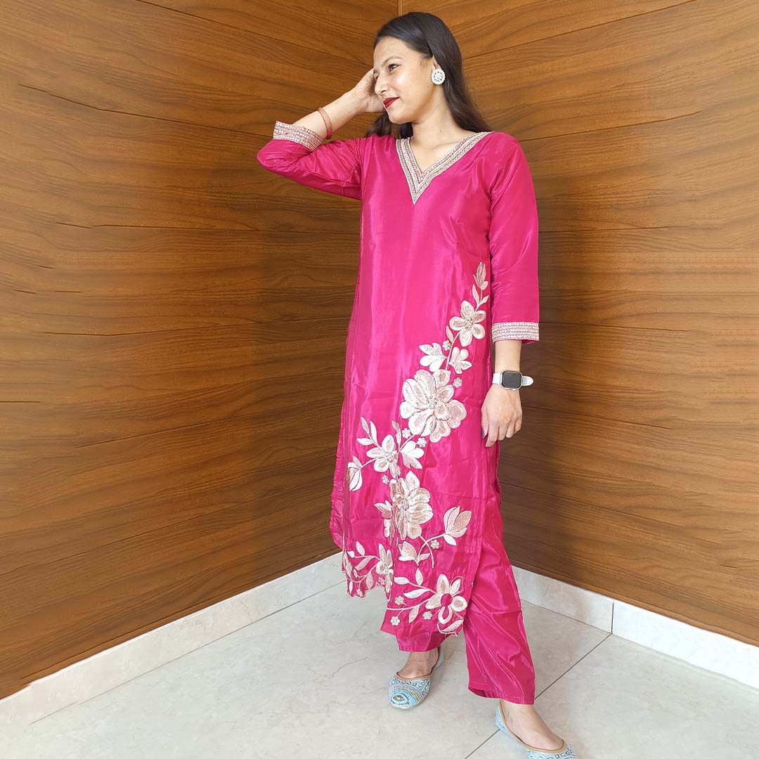 Pahnawaa Regal Magenta Party Wear Suit Set with Neck Work