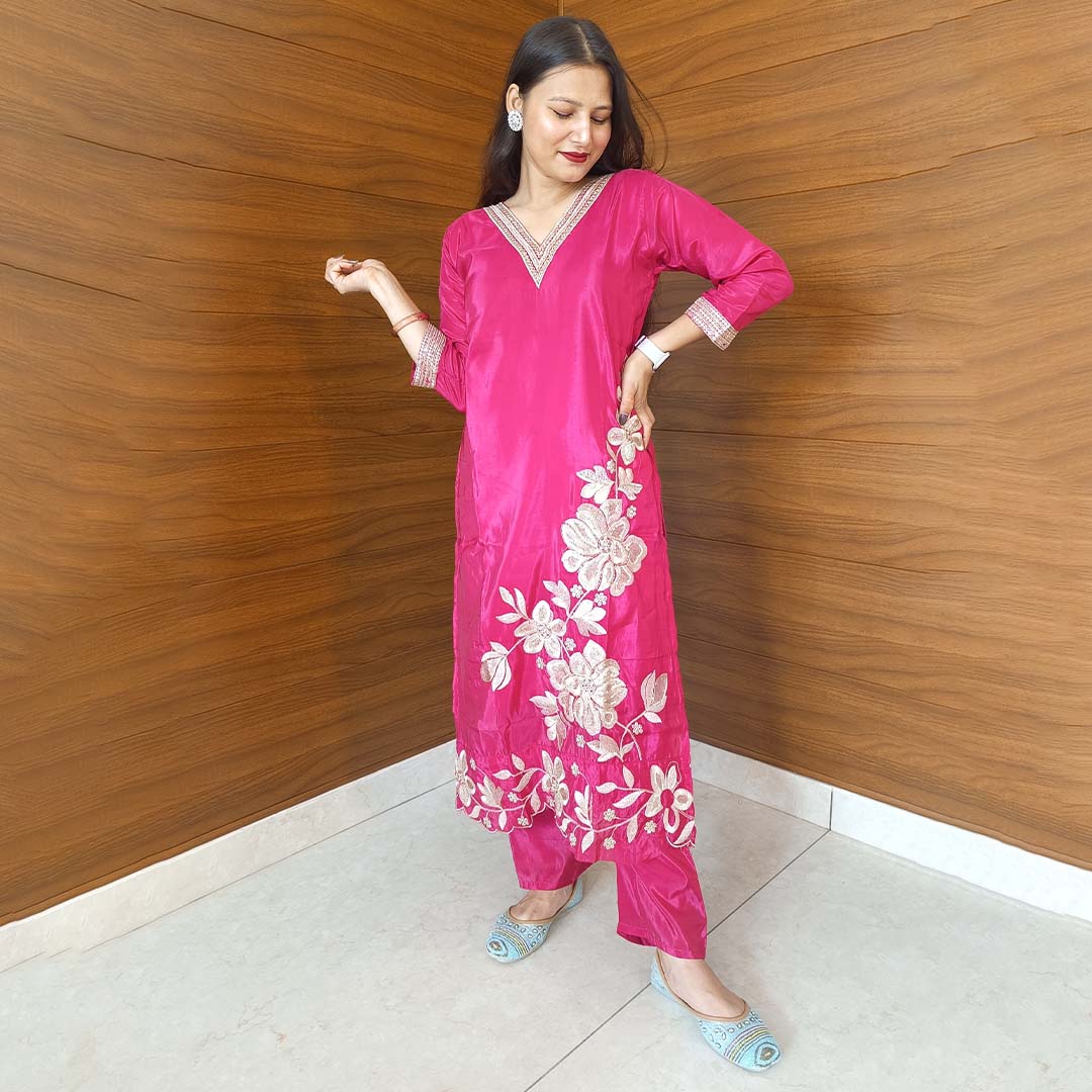 Pahnawaa Regal Magenta Party Wear Suit Set with Neck Work