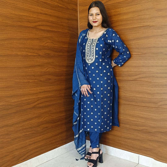 Peacock Silk Suit with Designer Neck Detailing & Dupatta Set