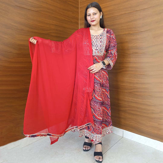 Red Pure Cotton Anarkali Suit with Neck Design & Dupatta Set