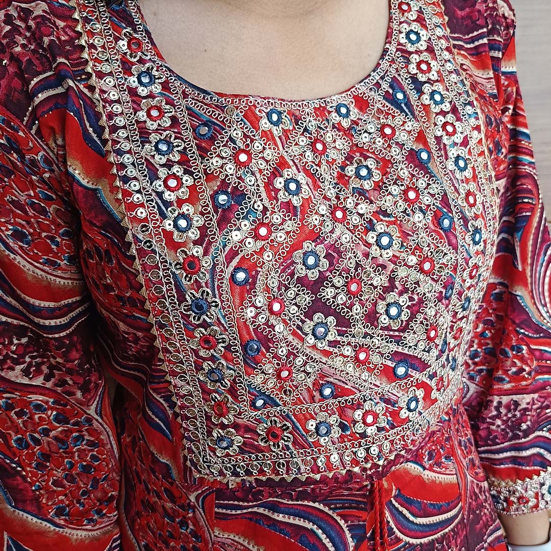 Red Pure Cotton Anarkali Suit with Neck Design & Dupatta Set