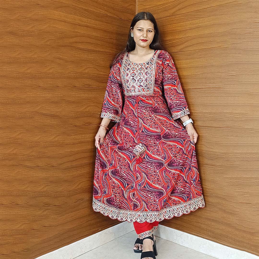 Red Pure Cotton Anarkali Suit with Neck Design & Dupatta Set