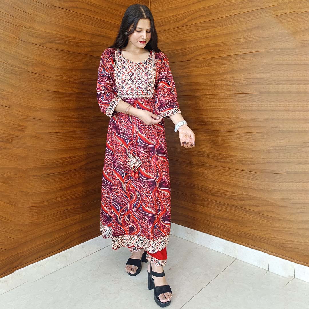 Red Pure Cotton Anarkali Suit with Neck Design & Dupatta Set