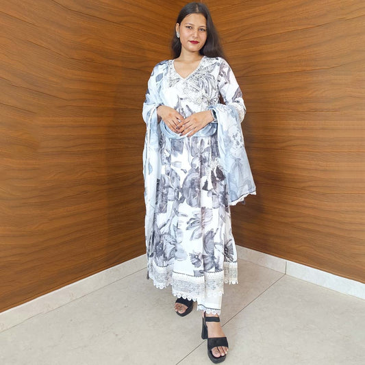 White Grey Pure Cotton Anarkali Suit with Angrakha Neck & Organza Lace Dupatta