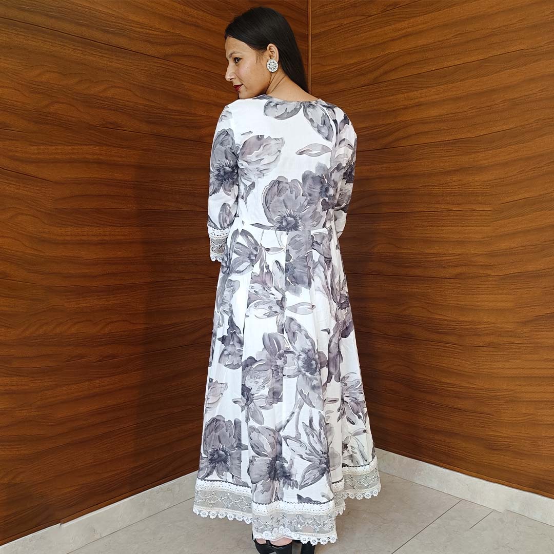 Pahnawaa White Grey Anarkali Suit Set with V-Neck Angrakha Design