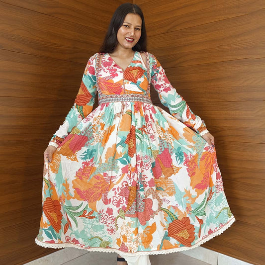 White MultiColour Silk Anarkali Suit with Side Shoulder Cut & Dupatta Set