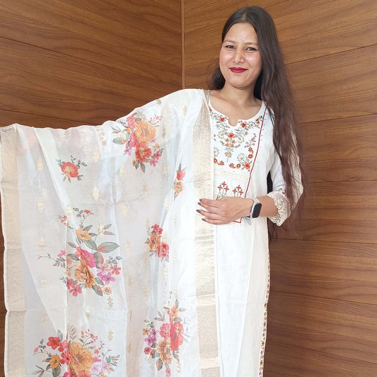 White Pure Cotton Designer Suit with Organza Lace & Dupatta Set