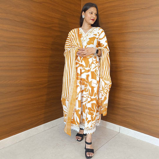 Yellow Pure Cotton Anarkali Suit with Work & Angrakha Neck Design + Dupatta Set