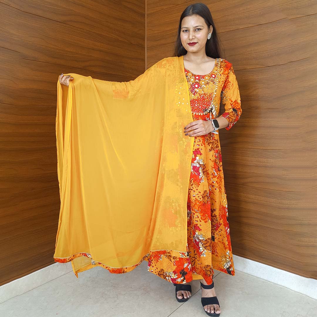 Yellow Rayon Cotton Anarkali Suit with Neck Work & Dupatta Set
