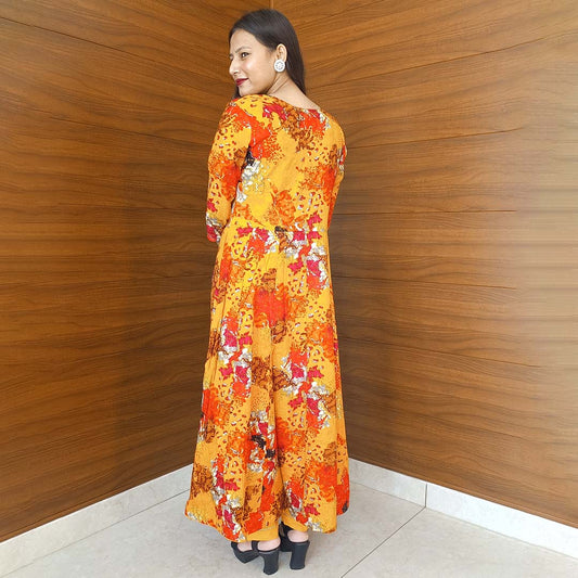 Yellow Rayon Cotton Anarkali Suit with Neck Work & Dupatta Set