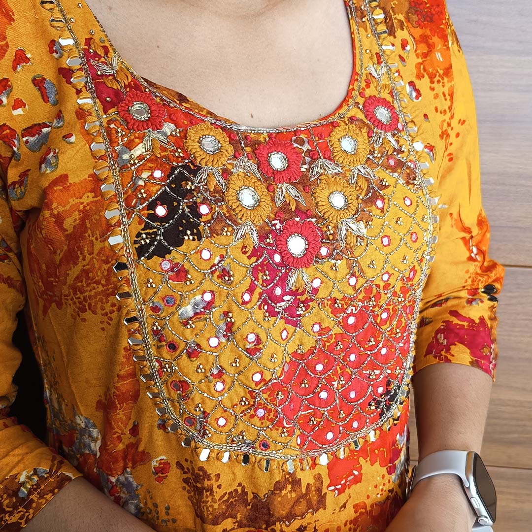 Yellow Rayon Cotton Anarkali Suit with Neck Work & Dupatta Set