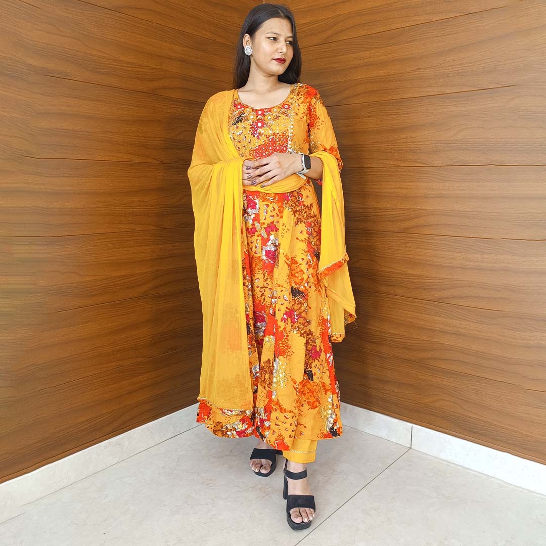 Yellow Rayon Cotton Anarkali Suit with Neck Work & Dupatta Set