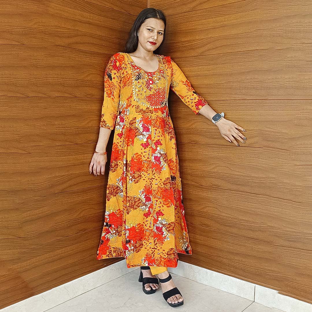 Yellow Rayon Cotton Anarkali Suit with Neck Work & Dupatta Set