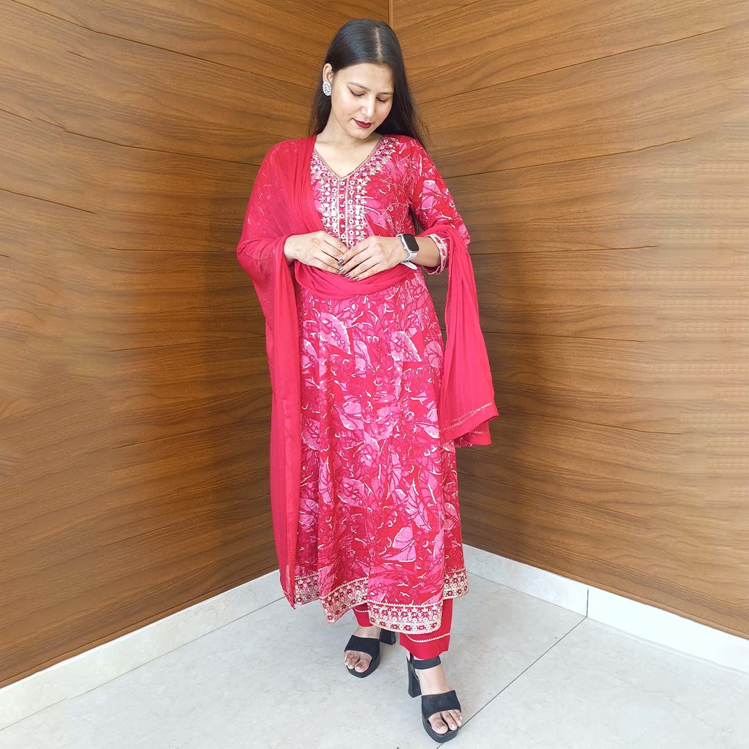 Magenta Rayon Cotton Anarkali Suit with Designer Neck & Dupatta Set