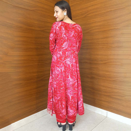 Magenta Rayon Cotton Anarkali Suit with Designer Neck & Dupatta Set