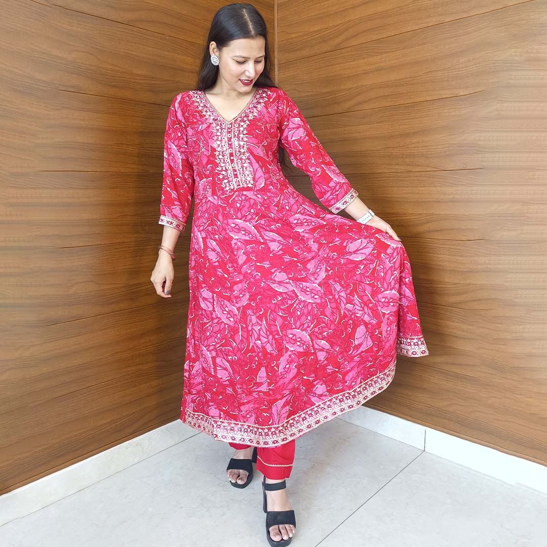 Magenta Rayon Cotton Anarkali Suit with Designer Neck & Dupatta Set