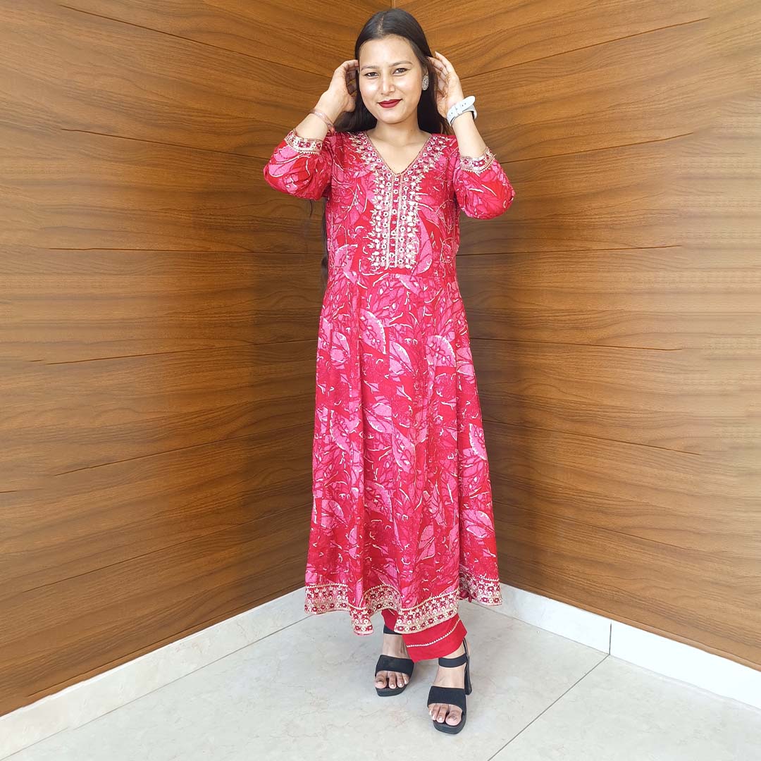 Magenta Rayon Cotton Anarkali Suit with Designer Neck & Dupatta Set