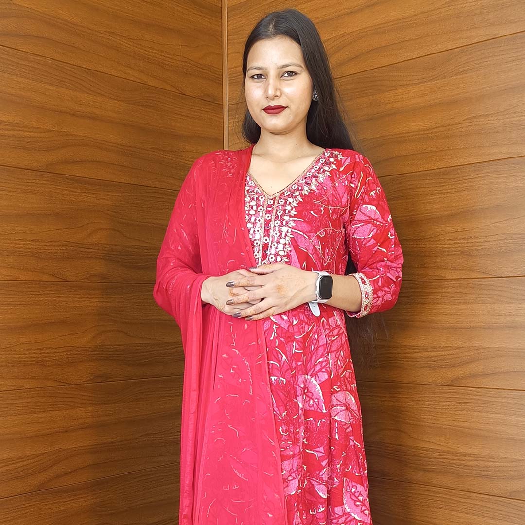 Magenta Rayon Cotton Anarkali Suit with Designer Neck & Dupatta Set