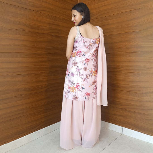 Baby Pink Jacquard Short Kurti Palazzo Set with Dupatta