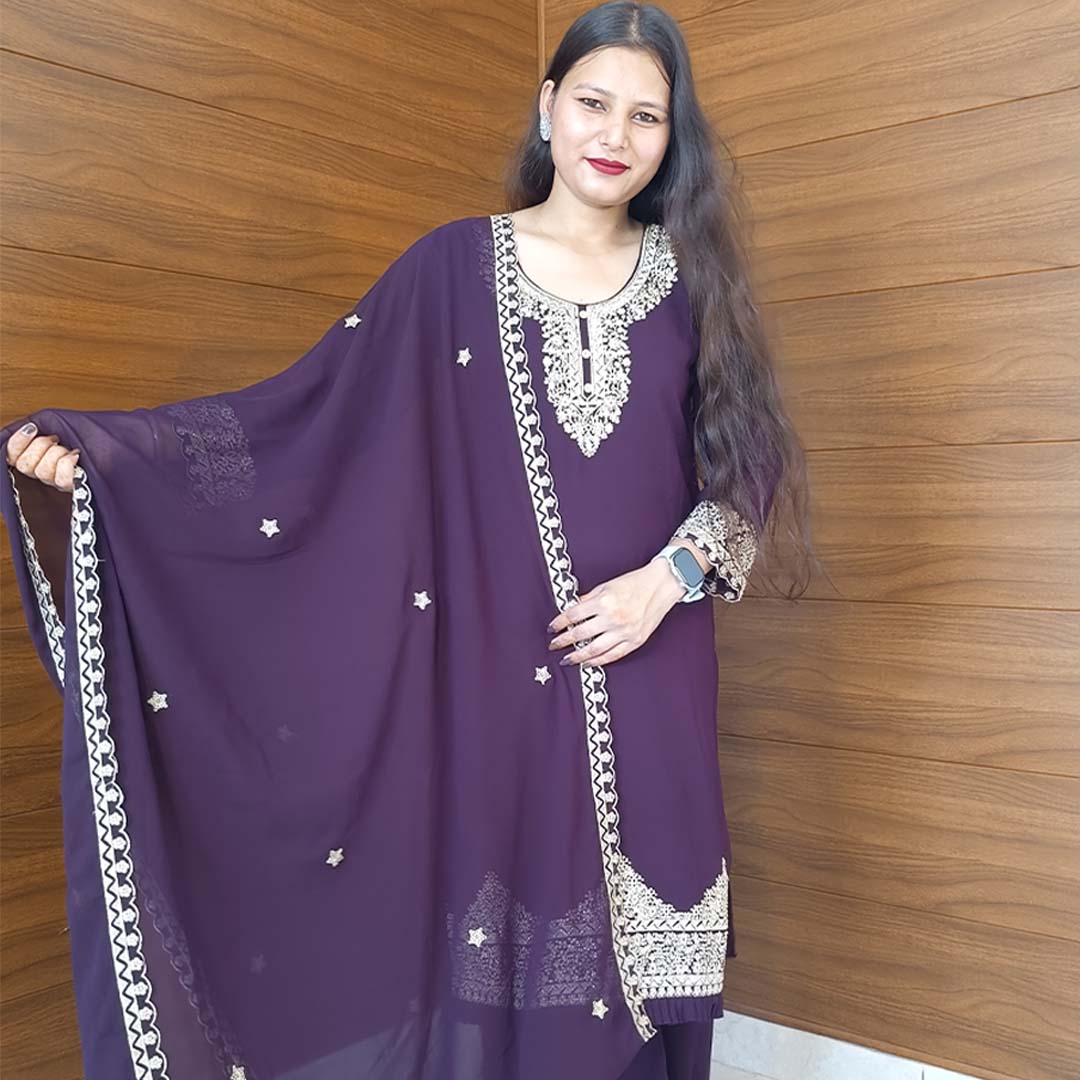 Pahnawaa Dark Purple Suit Set with Round Neck