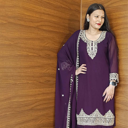 Dark Purple Chiffon Party Wear Suit with Designer Neck & Dupatta Set