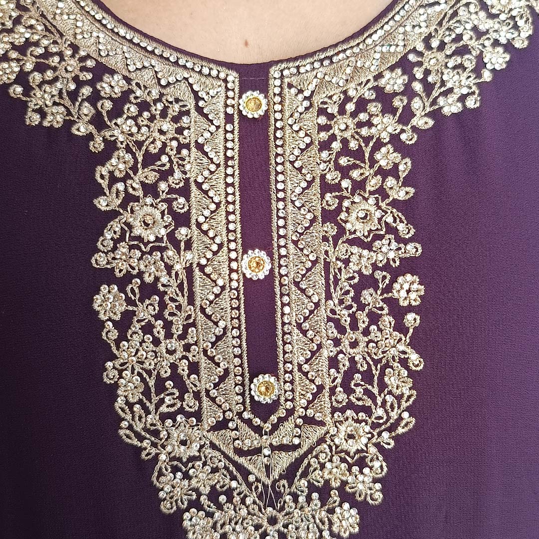 Pahnawaa Dark Purple Suit Set with Round Neck