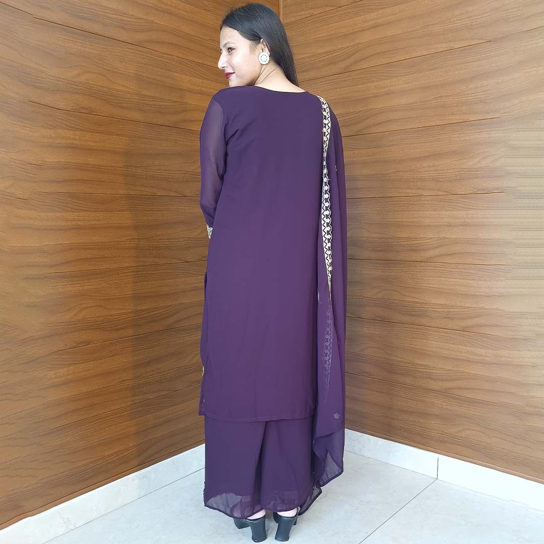 Pahnawaa Dark Purple Suit Set with Round Neck