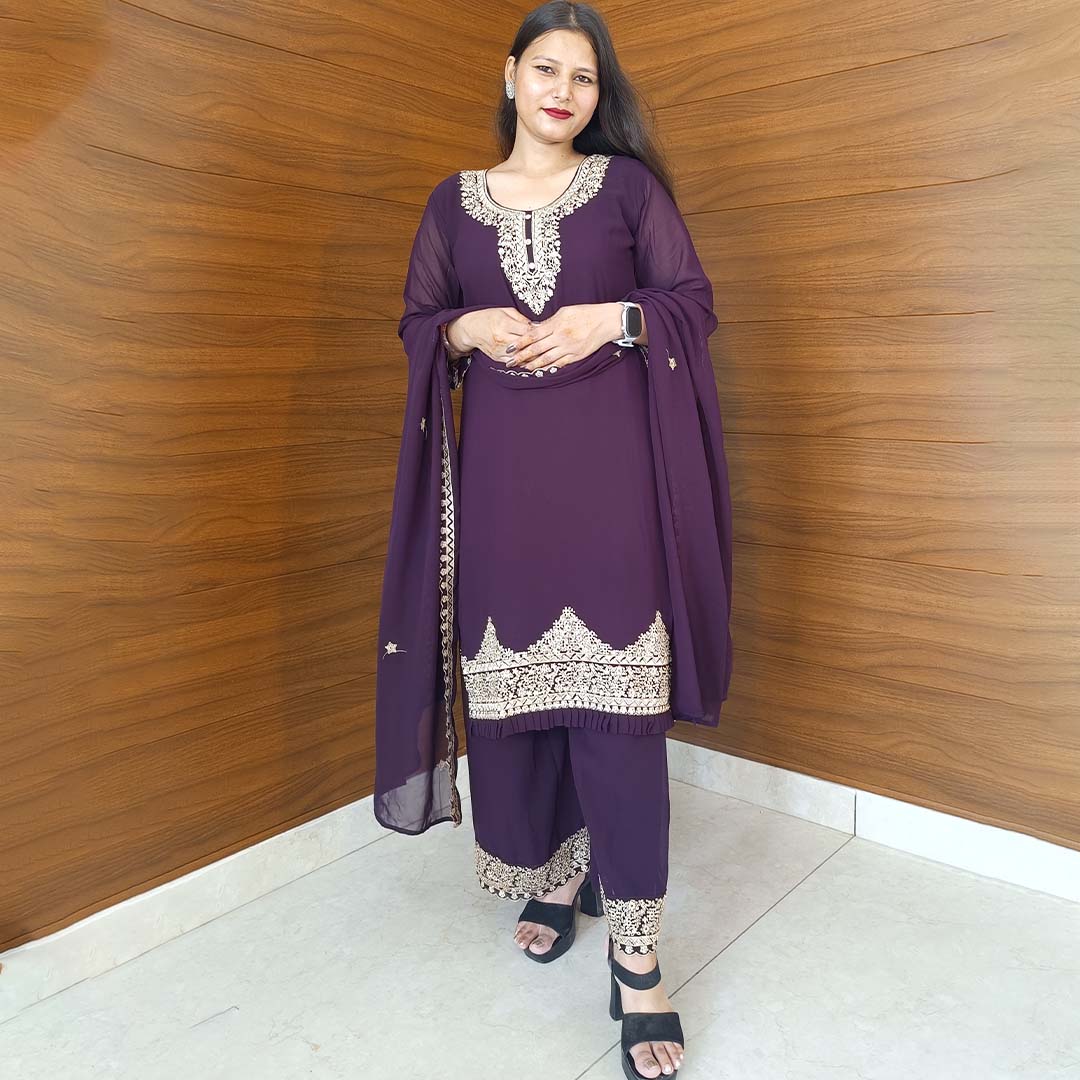 Pahnawaa Dark Purple Suit Set with Round Neck